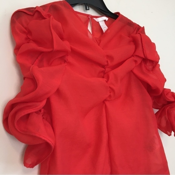 H&M Georgette Red Top V-neck Puff sleeves blouse - Picture 4 of 16